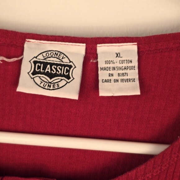 Looney Tunes Women's XL Henley T-Shirt Red Short Sleeved 5 Buttons Ribbed - Picture 3 of 6